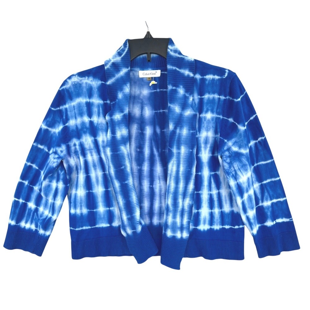 Calvin Klein Tie Dye Cropped Bolero Cardigan‎ M Blue Boho Open Front 3/4 Sleeve